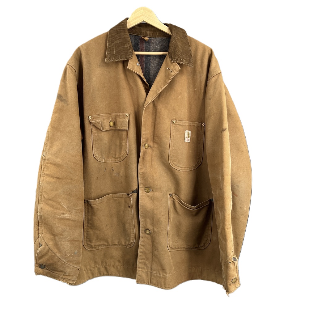 Vintage Carhartt Chore Coat 46L Tan Canvas Blanket-Lined Distressed Work Jacket